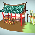 Chinese Style Pavilion Furniture With Wooden Shelves Green Tiled Roof Red Frame And Lanterns